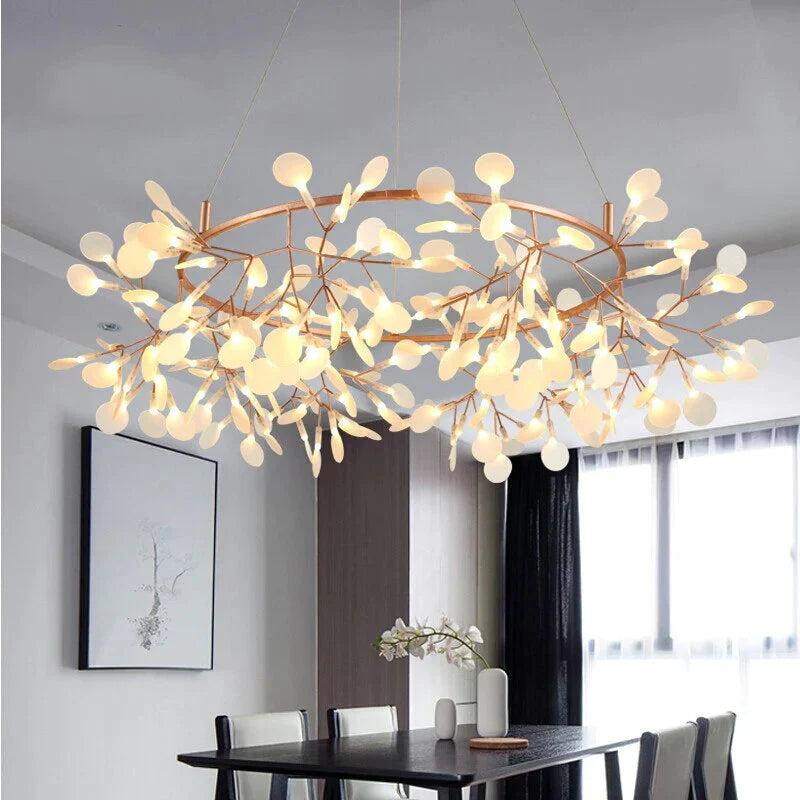 Modern Led Big Round Pendant Lamp With Firefly Tree Branch And Leaf Design Ideal For Restaurants