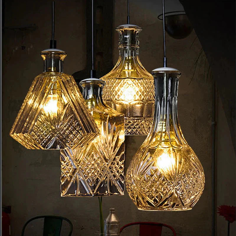 Modern Personality E27 Glass Hanging Lights Wine Bottle Engraved Pendant Lamps For Dining Room