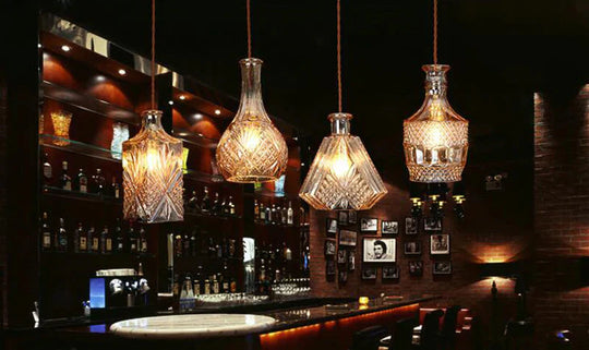 Modern Personality E27 Glass Hanging Lights Wine Bottle Engraved Pendant Lamps For Dining Room