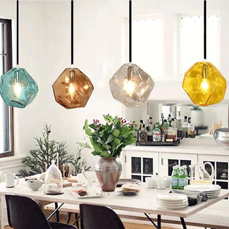 Modern Colored Glass Pendant Light E14 Led Lustrous Single Head Hanging Lamp For Kitchen Living