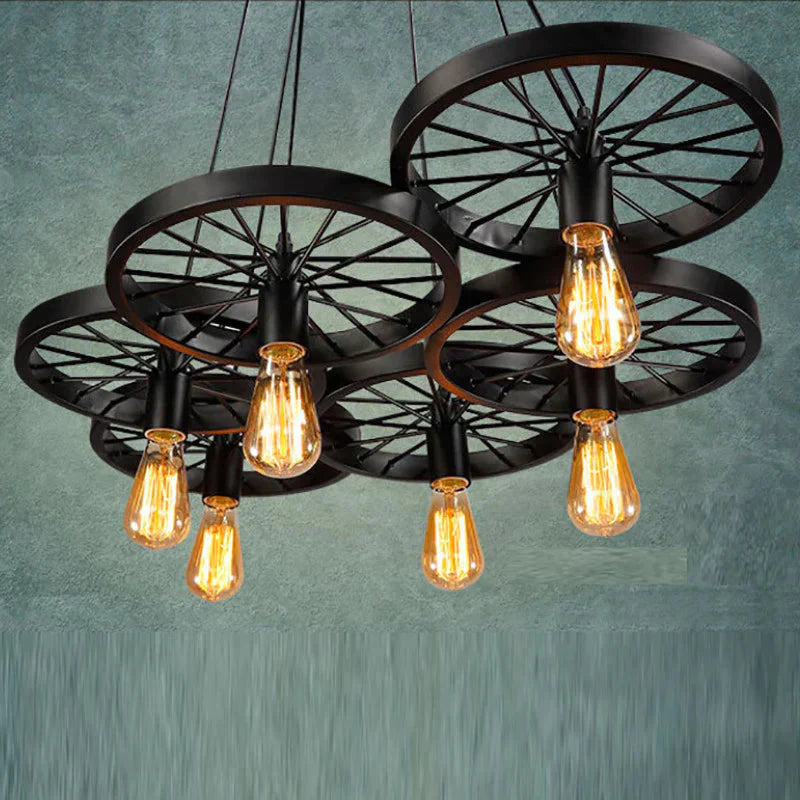 Retro Industrial Iron Wheel Vintage Black Pendant Lamp Classic Loft Lights E27 For Restaurant