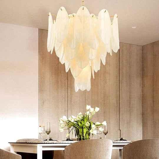 Luxury Brass Chandelier Living Milky White Glass Feather Lustre Hall Copper Lighting Corridor