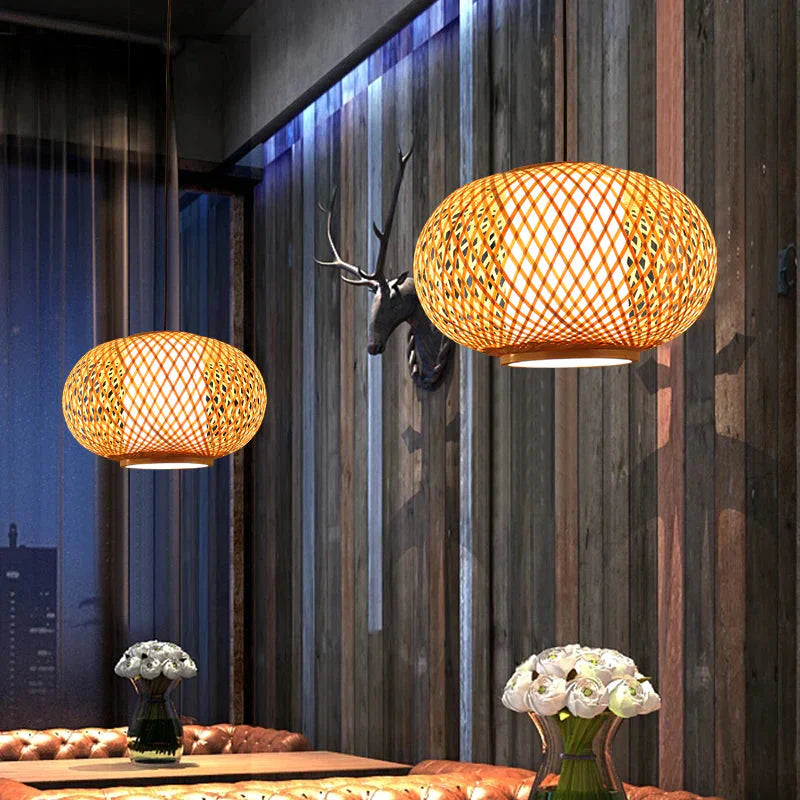 Hand Knitted Bamboo Pendant Light Japan Style E27 For Restaurant Bedroom Rustic Rattan Art