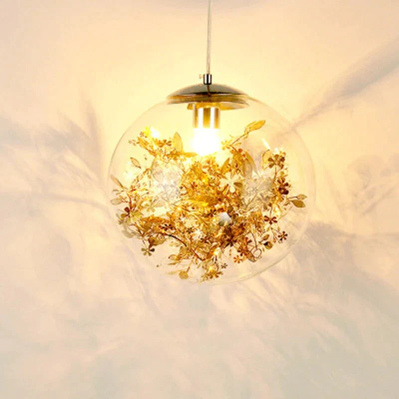 Modern Pendant Light Glass Ball Lamp With Metal Leaf Flower Kitchen Bedside Hanging Suspension