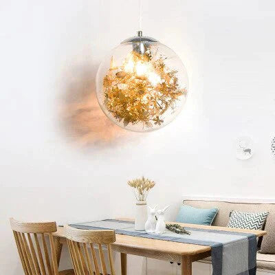 Modern Pendant Light Glass Ball Lamp With Metal Leaf Flower Kitchen Bedside Hanging Suspension