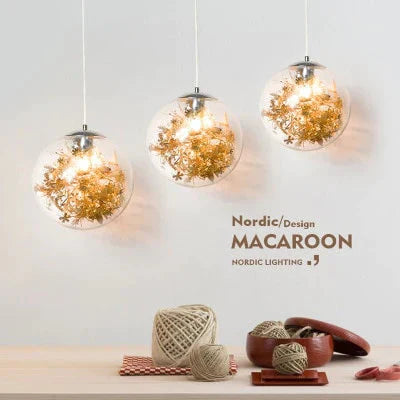 Modern Pendant Light Glass Ball Lamp With Metal Leaf Flower Kitchen Bedside Hanging Suspension