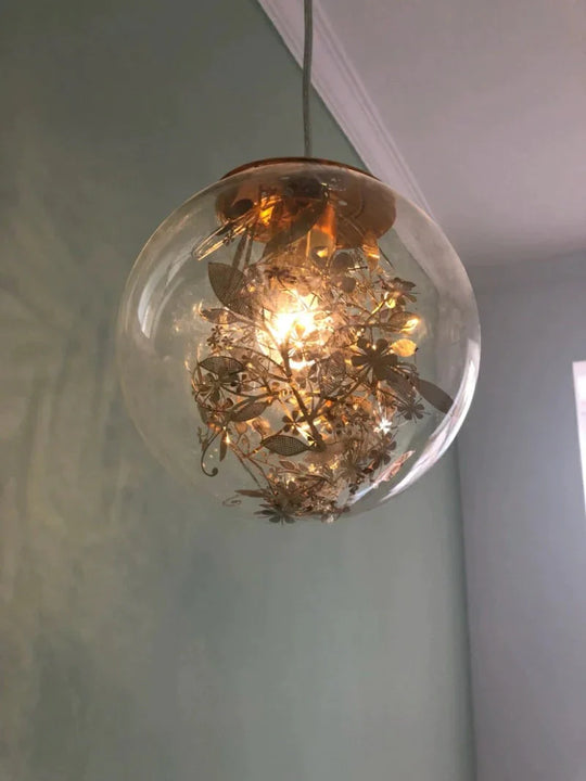 Modern Pendant Light Glass Ball Lamp With Metal Leaf Flower Kitchen Bedside Hanging Suspension