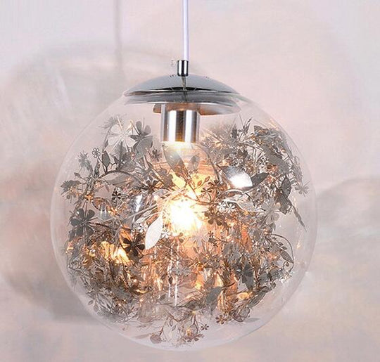 Modern Pendant Light Glass Ball Lamp With Metal Leaf Flower Kitchen Bedside Hanging Suspension