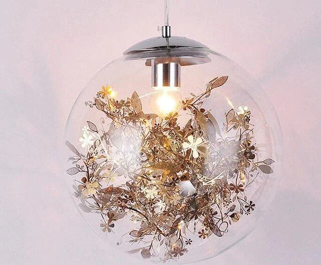 Modern Pendant Light Glass Ball Lamp With Metal Leaf Flower Kitchen Bedside Hanging Suspension Gold
