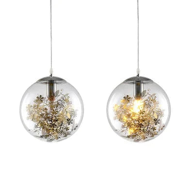 Modern Pendant Light Glass Ball Lamp With Metal Leaf Flower Kitchen Bedside Hanging Suspension