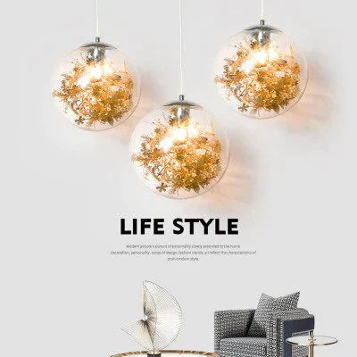 Modern Pendant Light Glass Ball Lamp With Metal Leaf Flower Kitchen Bedside Hanging Suspension