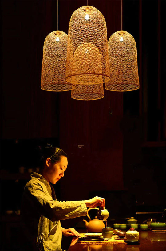 Vintage Bamboo Art Pendant Lights Wood Wicker Chinese Lamp Suspension Home Indoor Dining Room