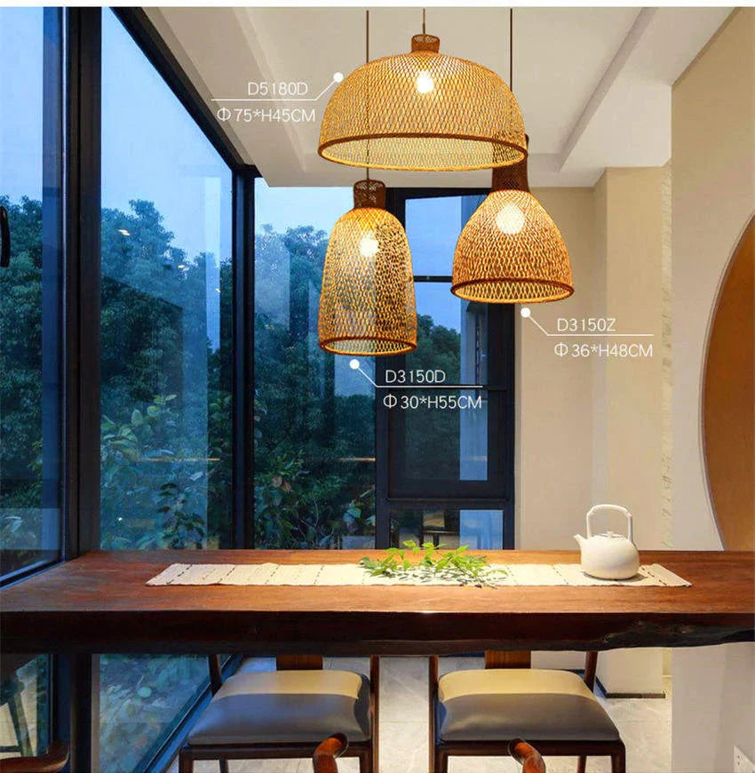 Vintage Bamboo Art Pendant Lights Wood Wicker Chinese Lamp Suspension Home Indoor Dining Room