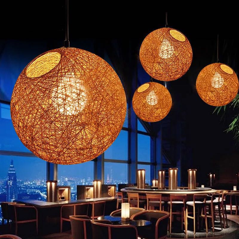 Modern Hand Made Hemp Ball Pendant Lights Living Room Dining Colored Spherical Hanglamp Loft Decor