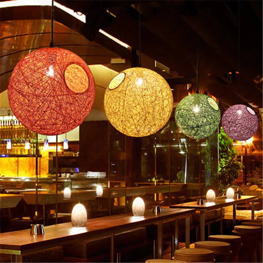 Modern Hand Made Hemp Ball Pendant Lights Living Room Dining Colored Spherical Hanglamp Loft Decor