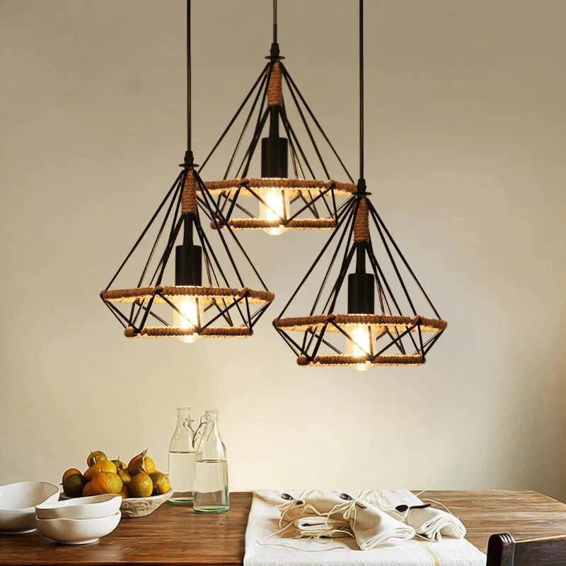 American Retro Pendant Lights Creative Diamond Hemp Rope Iron Lamps For Clothing Shop Bar