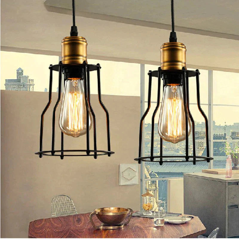 Industrial Vintage Brushed Iron Cage Edison Light Island Retro Pendant