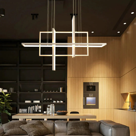 Minimalist Luxury Design Black Gold White Led Dimmable Rectangle Chandelier For Bedroom Living