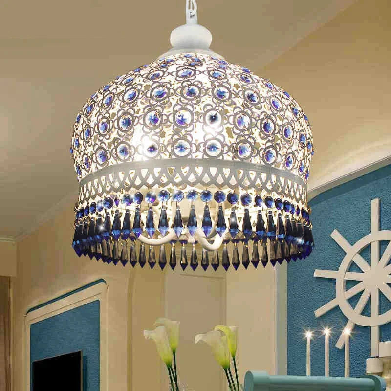 Bohemian Mediterranean Blue Crystal Ceiling Drop Light Pendant Lamp Lampshade Lighting Fixture For