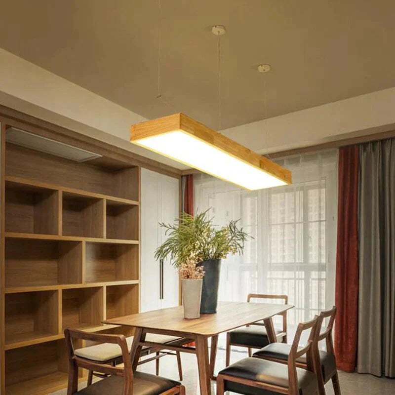 Pendant Lights Natural Wood Modern Rectangular Long Lamp Hotel Hall Shop Commercial Study Room Light