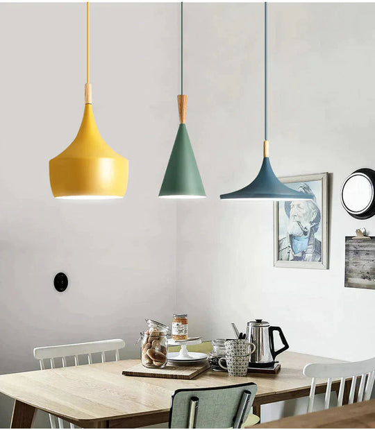 Modern Nordic Pendant Lights Iron Lampshade Wood Led Hanging Lamp