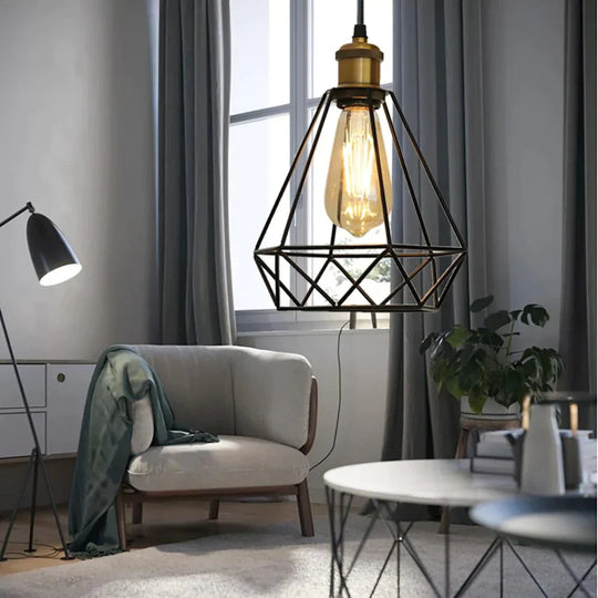 Modern Industrial Vintage Cage Pendant Light Iron Art Diamond Pyramid Wrought Home Ceiling Lamp