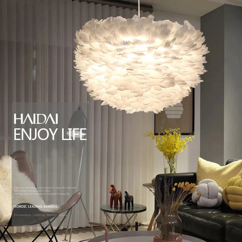 Loft Modern White Nature Goose Feather Pendant Lights Romantic E27 Led Lamps For Home Restaurant