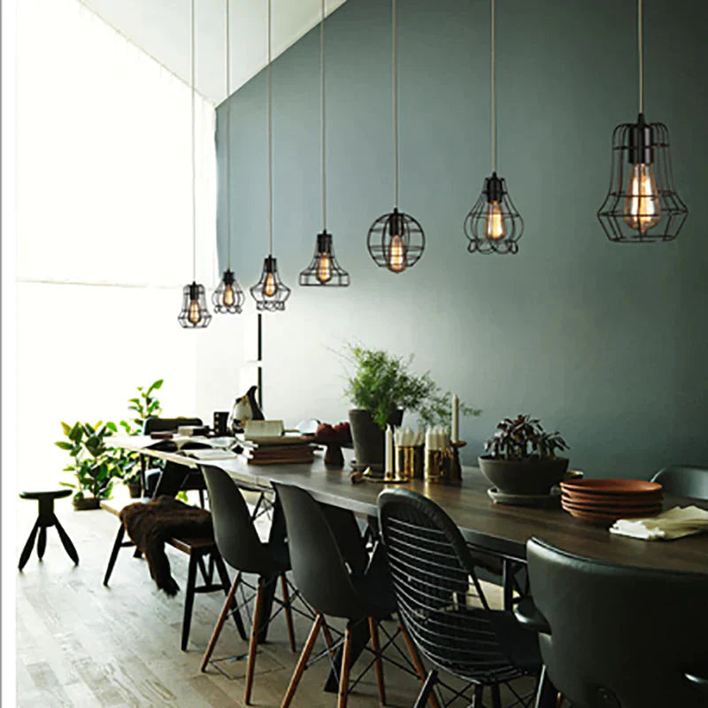 Loft Retro Vintage Black Industrial Iron Cage Pendant Lamp Cord Lights Illumination For Dining Room