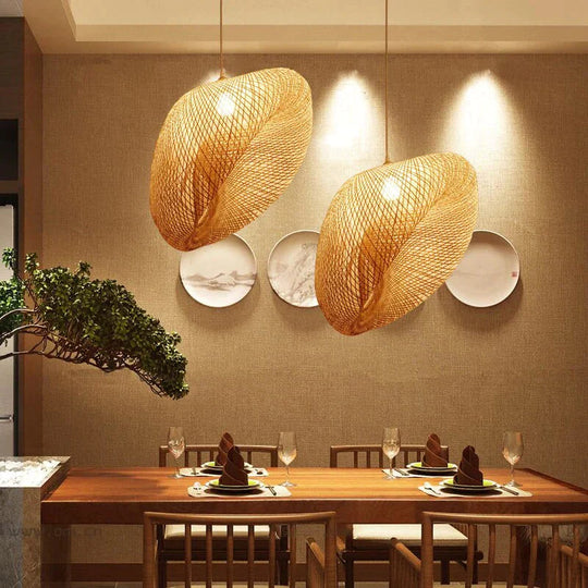 Handmade Bamboo Lamp Wicker Rattan Wave Shade Pendant Light Vintage Japanese Suspension Home Indoor