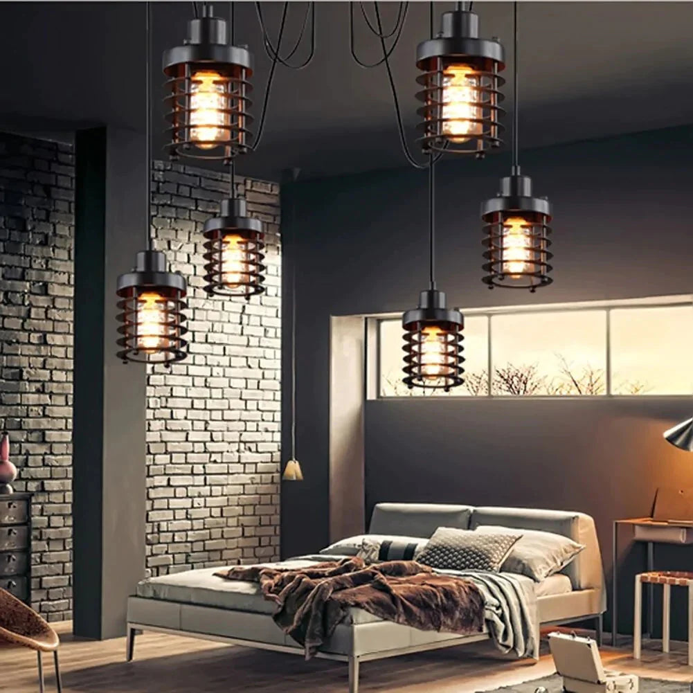 Retro Indoor Vintage Pendant Light Metal Minimalist Led Hanging Lights Rust Iron Cage Lampshade