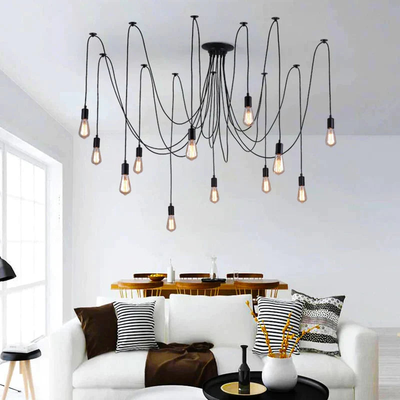 Black Spider Chandelier 1.2/1.5/2M Vintage Loft Decor Adjustable E27 Edison Bulb Light Ceiling Lamp