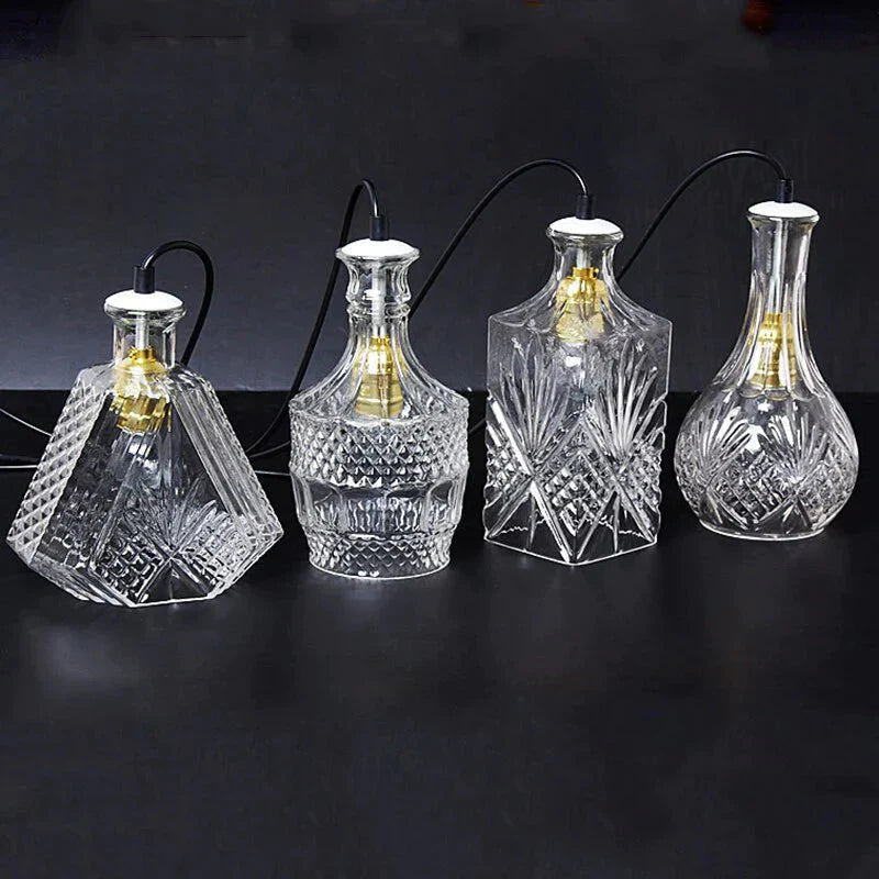 Modern Personality E27 Glass Hanging Lights Wine Bottle Engraved Pendant Lamps For Dining Room