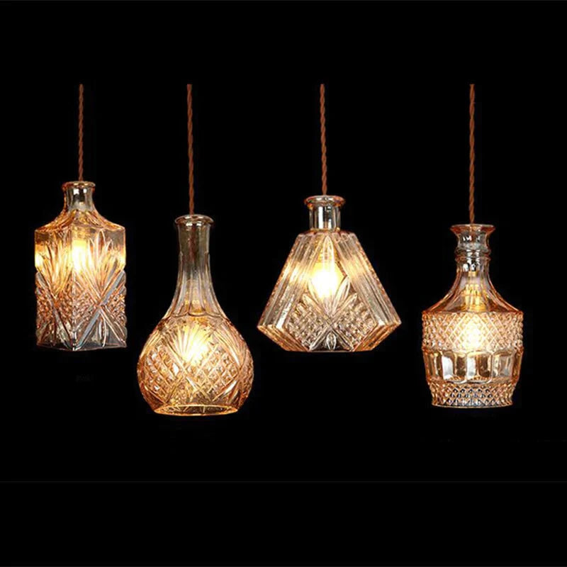 Modern Personality E27 Glass Hanging Lights Wine Bottle Engraved Pendant Lamps For Dining Room