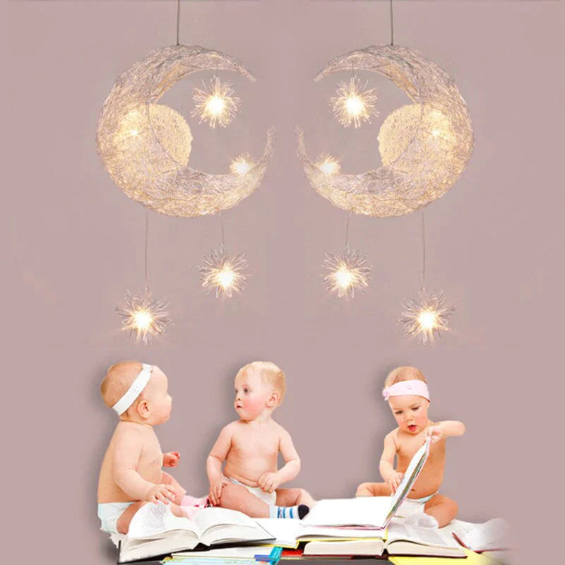 Silver Aluminum Fairy Moon And Star Cord Pendant Lamp For Girl Bedroom Decoration Hanging