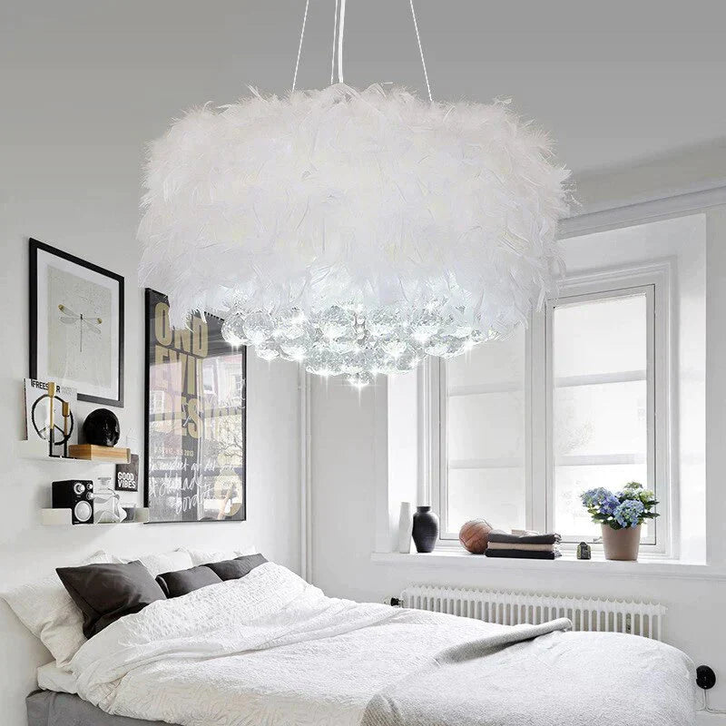 Modern Dreamy Feather Crystal Hanging Lamp E27 Led Lustre Pendant Fixture Bedroom Living Room