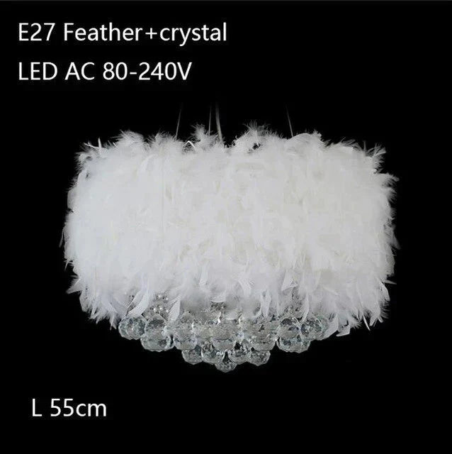 Modern Dreamy Feather Crystal Hanging Lamp E27 Led Lustre Pendant Fixture Bedroom Living Room