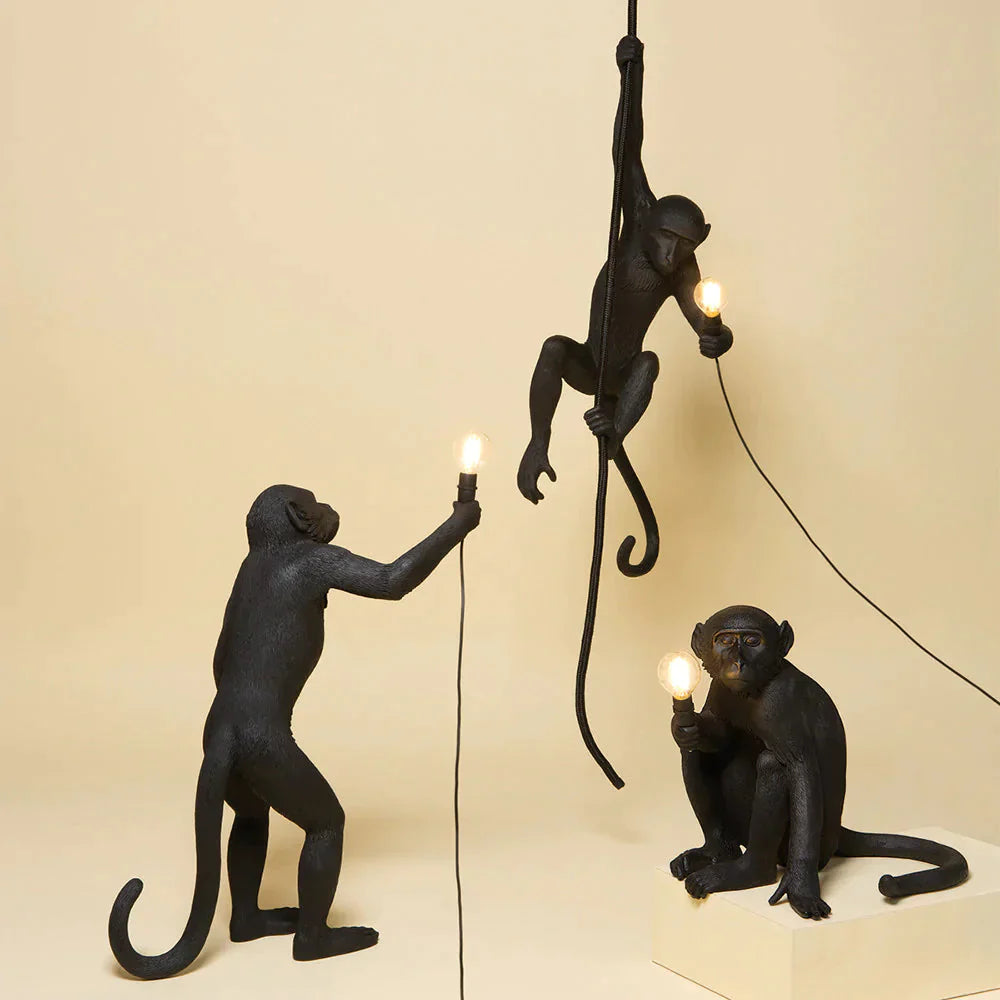 Modern Black Monkey Lamp Hemp Rope Pendant Lights American Country Resin Loft Industrial Hanging