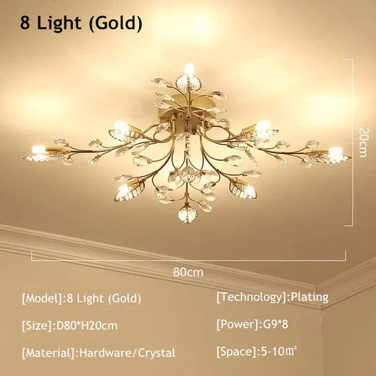 Vintage Led Ceiling Light Crystal Lamp For Living Room Loft 8 Lights Gold / Warm White