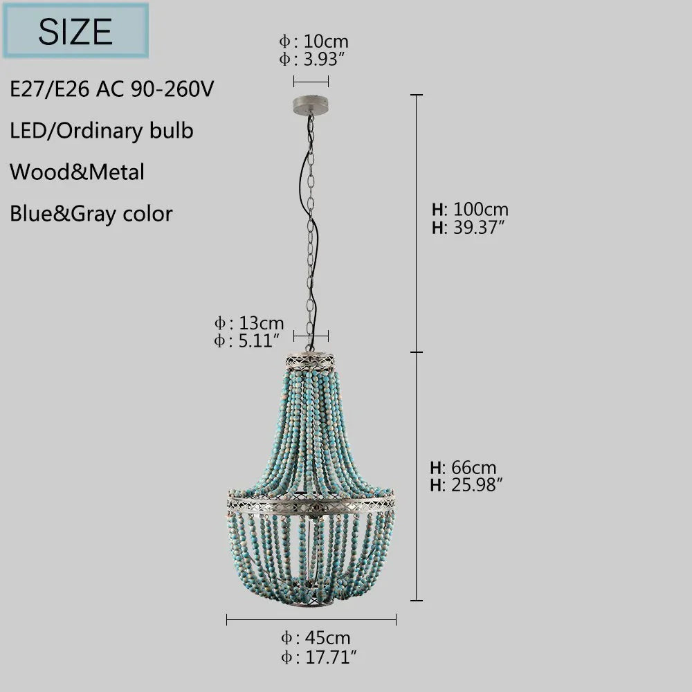 Modern Loft Vintage Blue Wooden Beads Pendant Lamp E27 Led Hanging Industrial Decor Lights For