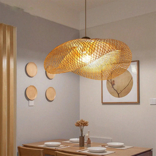 Bamboo Led E27 Wicker Rattan Wave Shade Pendant Light Vintage Japanese Lamp Suspension Home Indoor