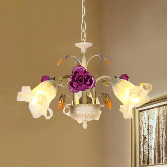 Purple Floral Ceiling Light Countryside White Glass 3/5/6 Bulbs Dining Room Hanging Chandelier 3 /