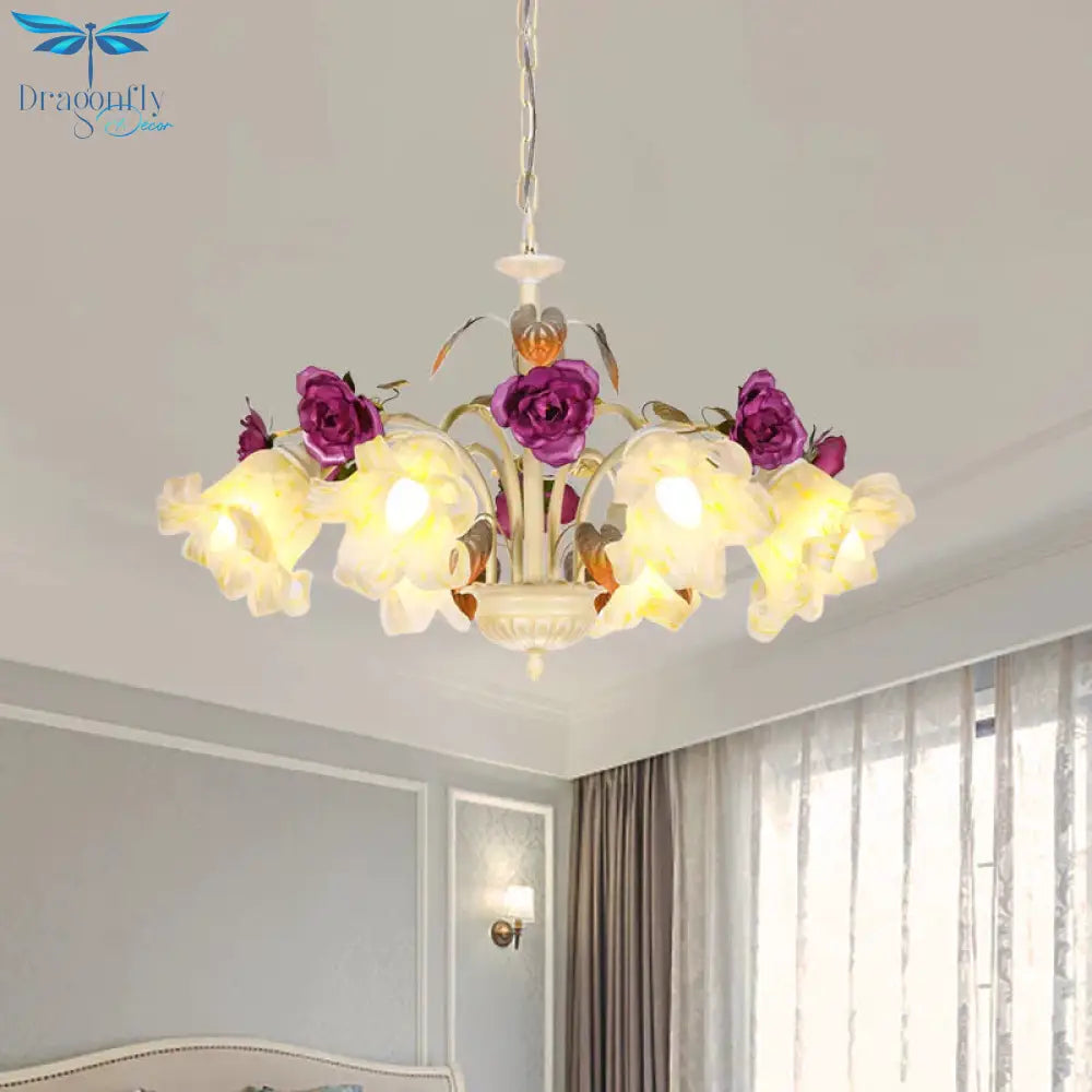 Purple Floral Ceiling Light Countryside White Glass 3/5/6 Bulbs Dining Room Hanging Chandelier