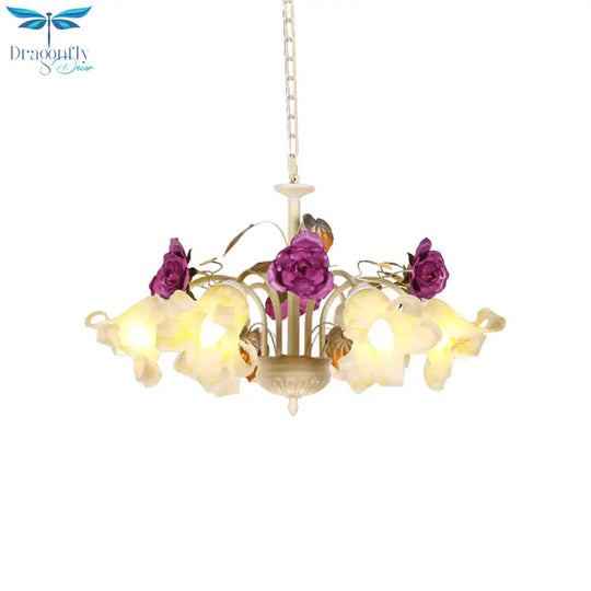 Purple Floral Ceiling Light Countryside White Glass 3/5/6 Bulbs Dining Room Hanging Chandelier