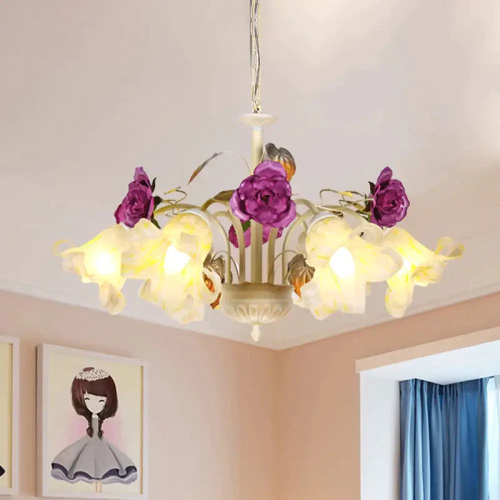 Purple Floral Ceiling Light Countryside White Glass 3/5/6 Bulbs Dining Room Hanging Chandelier 5 /