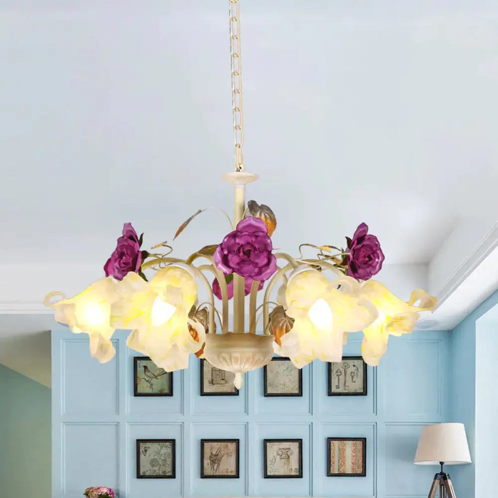 Purple Floral Ceiling Light Countryside White Glass 3/5/6 Bulbs Dining Room Hanging Chandelier 6 /