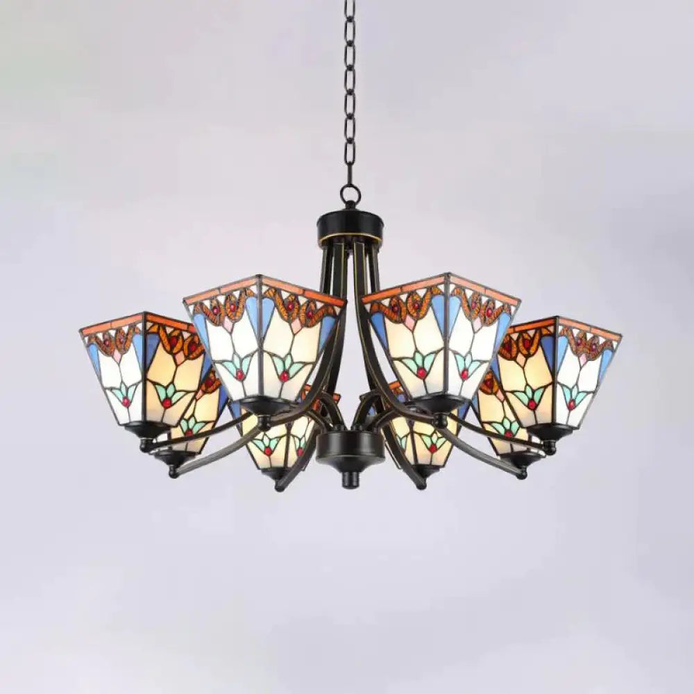 Pyramid Cut Glass Chandelier Lighting Fixture Mediterranean 3/6/8 Lights Blue And Orange/Pink