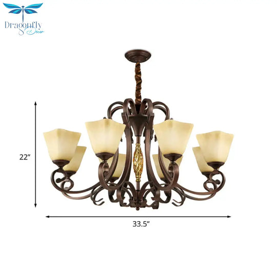 Pyramid Living Room Chandelier Lighting Antique Beige Glass 6/8 Heads Brown Suspension Light