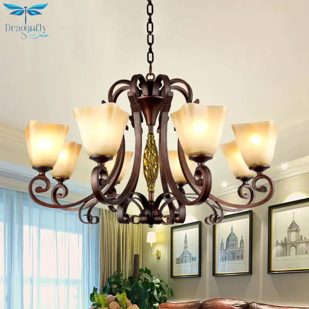 Pyramid Living Room Chandelier Lighting Antique Beige Glass 6/8 Heads Brown Suspension Light