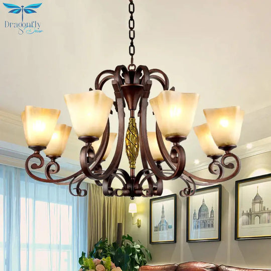 Pyramid Living Room Chandelier Lighting Antique Beige Glass 6/8 Heads Brown Suspension Light