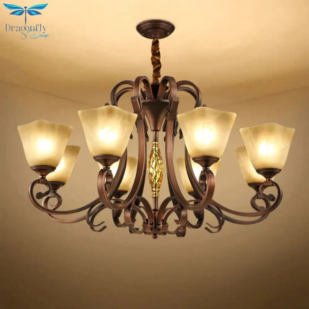 Pyramid Living Room Chandelier Lighting Antique Beige Glass 6/8 Heads Brown Suspension Light